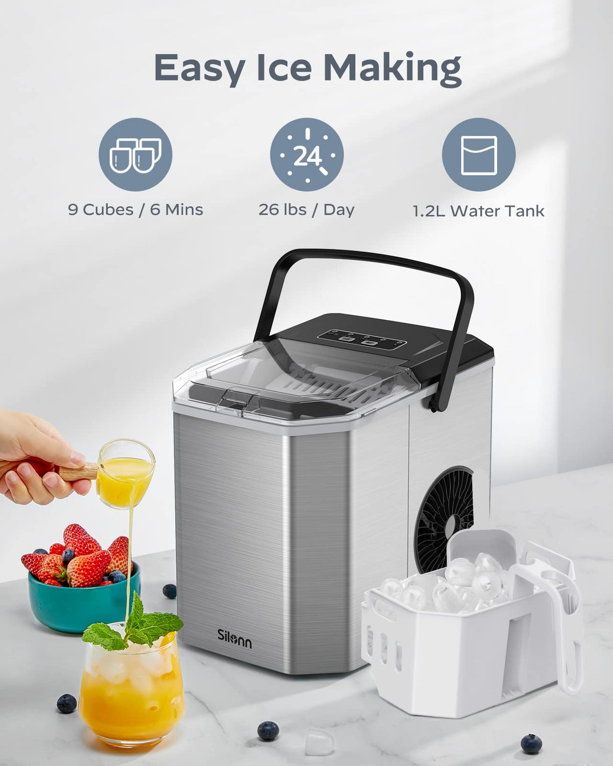 Stainless Steel Portable Countertop Ice Maker with Basket and Scoop I867