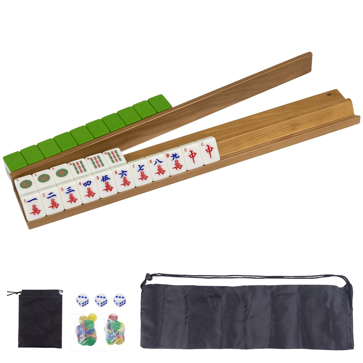 Wooden Mahjong Racks Set with Magnetic Pushers, 4 Racks & 4 Pushers O48407