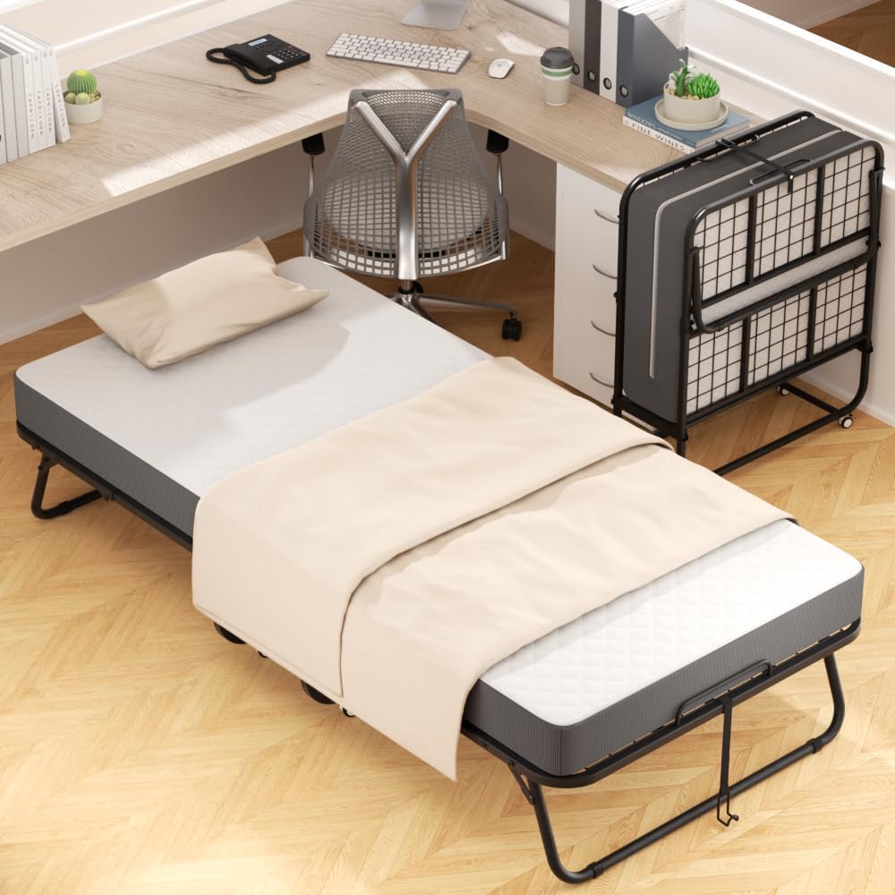Foldable Single Bed with 5" Memory Foam Mattress and Wheels U284730