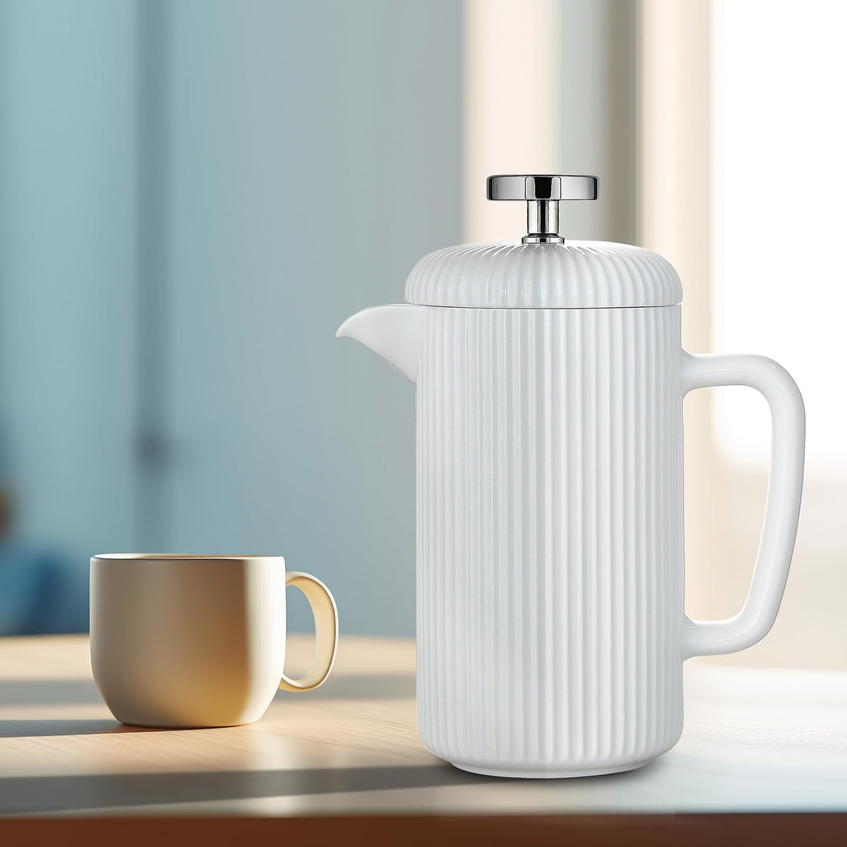 Porcelain French Press 22 fl oz Coffee Tea Maker with Stainless Steel Plunger Ivory F4900