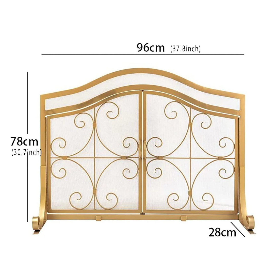 Gold Scroll Metal Fireplace Screen with 2 Doors N28741