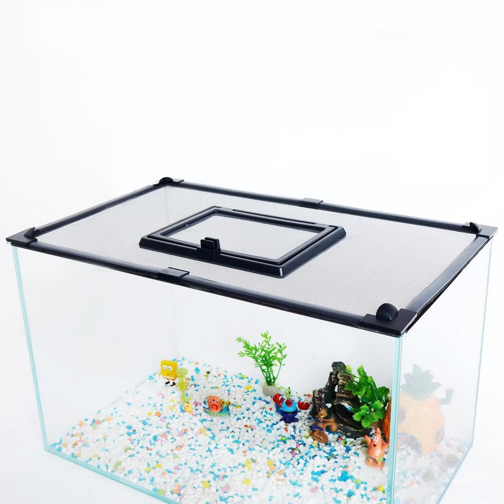 Magnetic Fish Tank Cover with Feeding Window Dark Grey Frame Grey Fiberglass Net L620