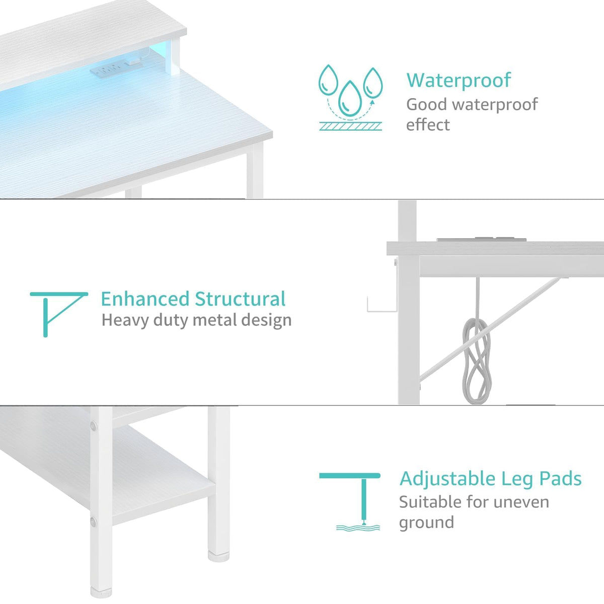White 40 Inch Computer Desk with LED Lights and Power Outlets R1117