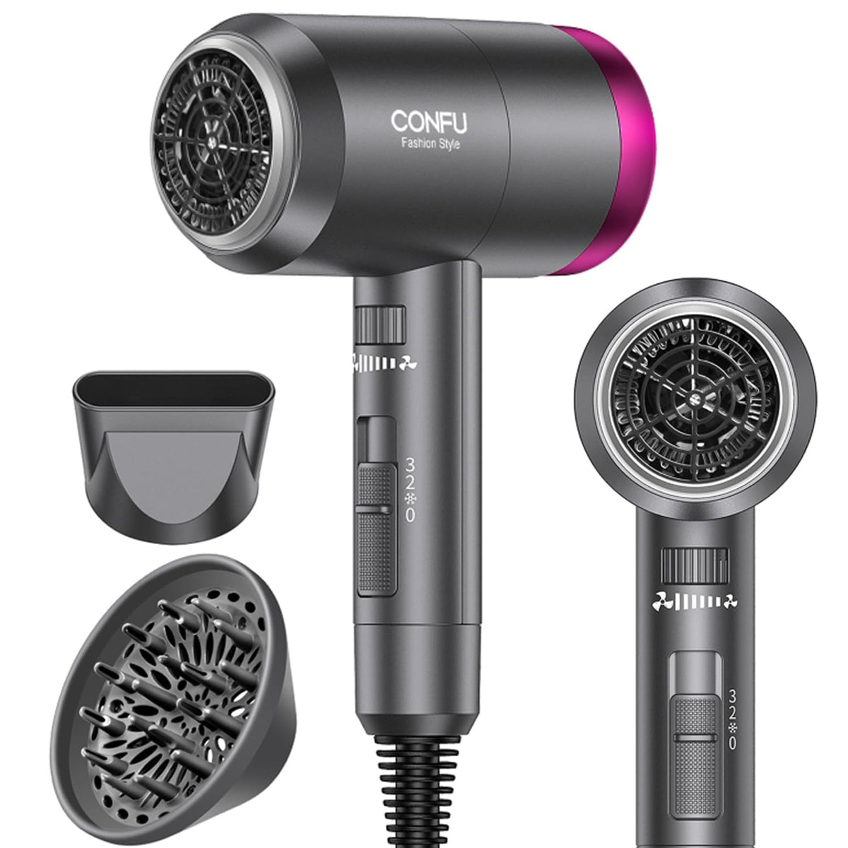 1600W Ionic Hairdryer with Diffuser and Concentrator Nozzle T2045