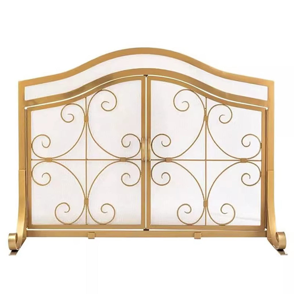 Gold Scroll Metal Fireplace Screen with 2 Doors N28741