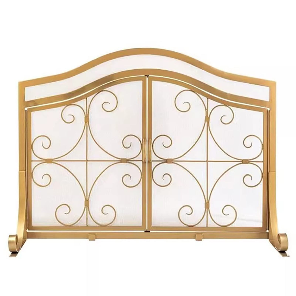 Gold Scroll Metal Fireplace Screen with 2 Doors N28741