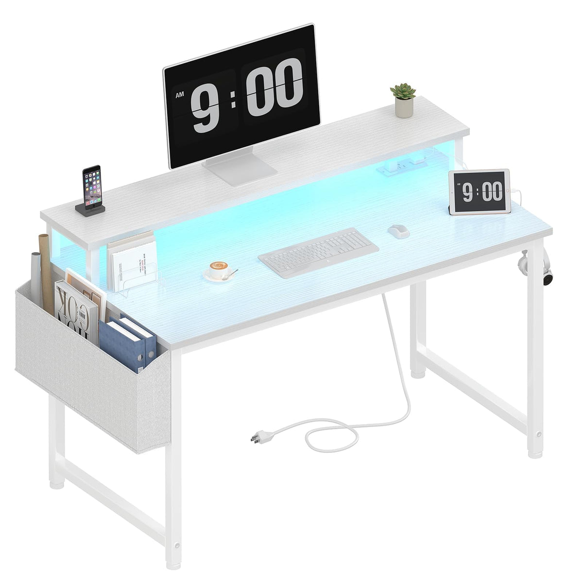 White 40 Inch Computer Desk with LED Lights and Power Outlets R1117