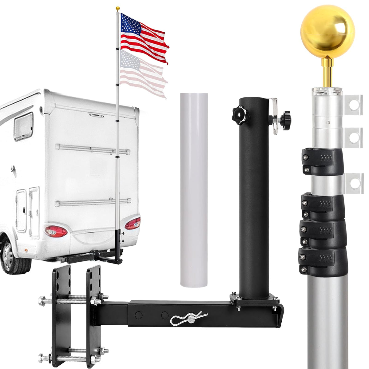 16FT Silver Thickened Aluminum RV Flagpole Z46826