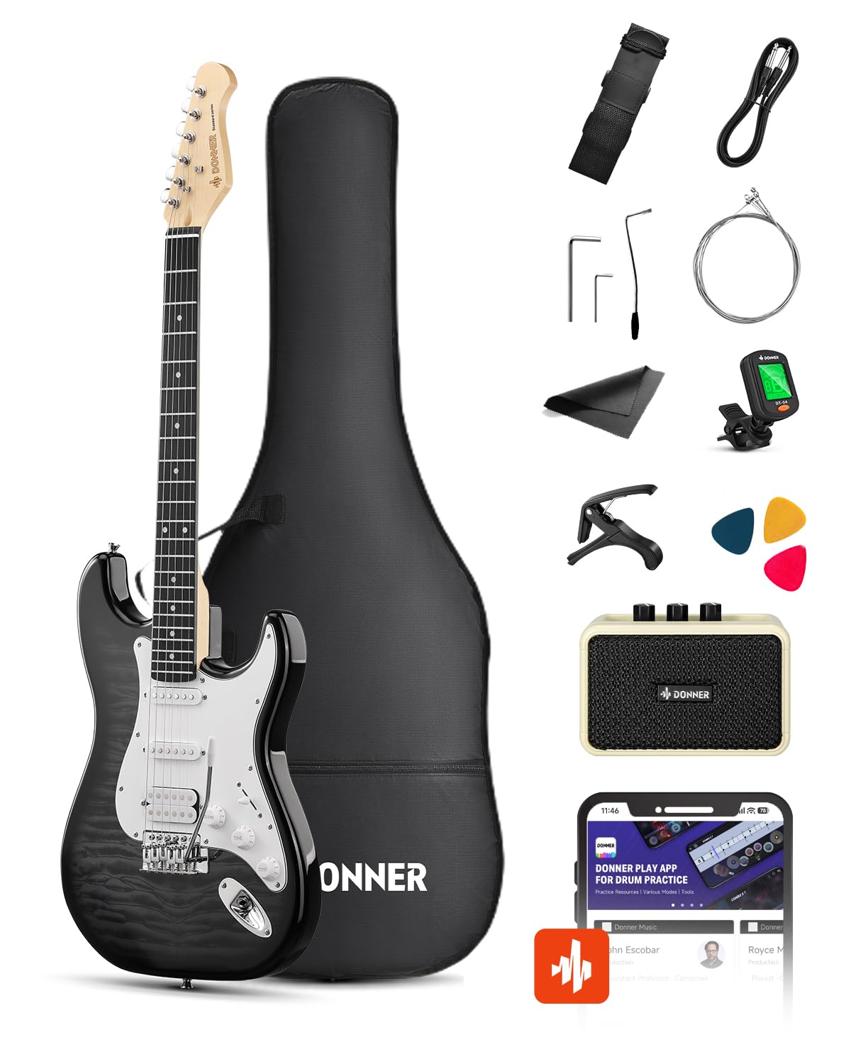 39" Beginner Electric Guitar Kit with Amp, Black Burst K7643