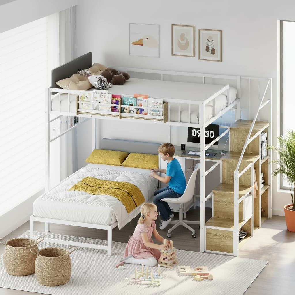 Full Over Twin L-Shaped Metal Loft Bunk Bed with Desk, Stairs, Drawers, Shelves, Charging Station and LED Light C8529
