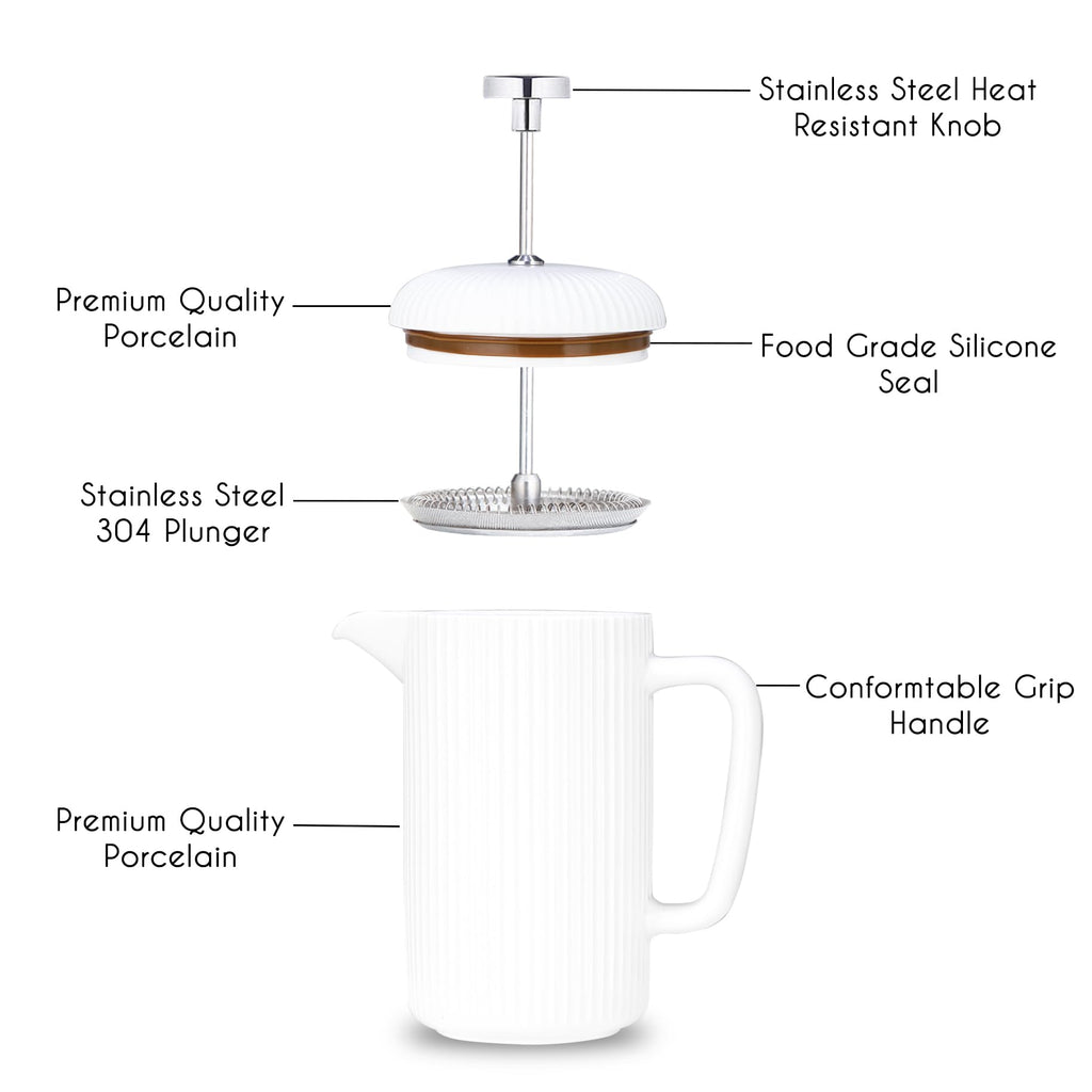 Porcelain French Press 22 fl oz Coffee Tea Maker with Stainless Steel Plunger Ivory F4900