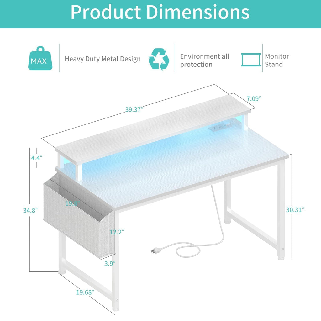 White 40 Inch Computer Desk with LED Lights and Power Outlets R1117