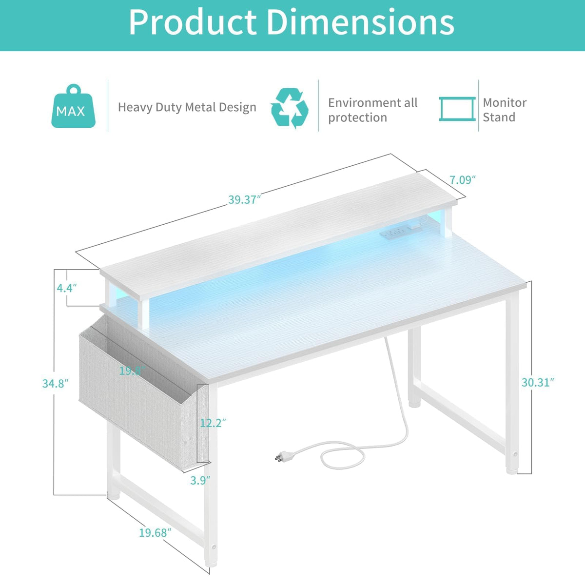 White 40 Inch Computer Desk with LED Lights and Power Outlets R1117