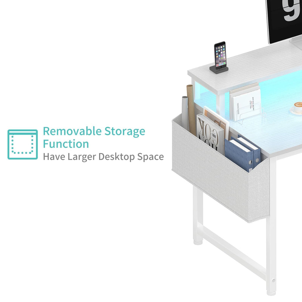 White 40 Inch Computer Desk with LED Lights and Power Outlets R1117