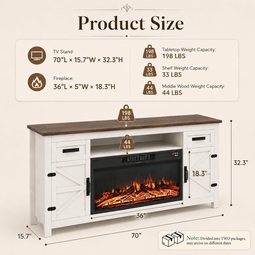 White 70 inch Fireplace TV Stand with Barn Door K868127