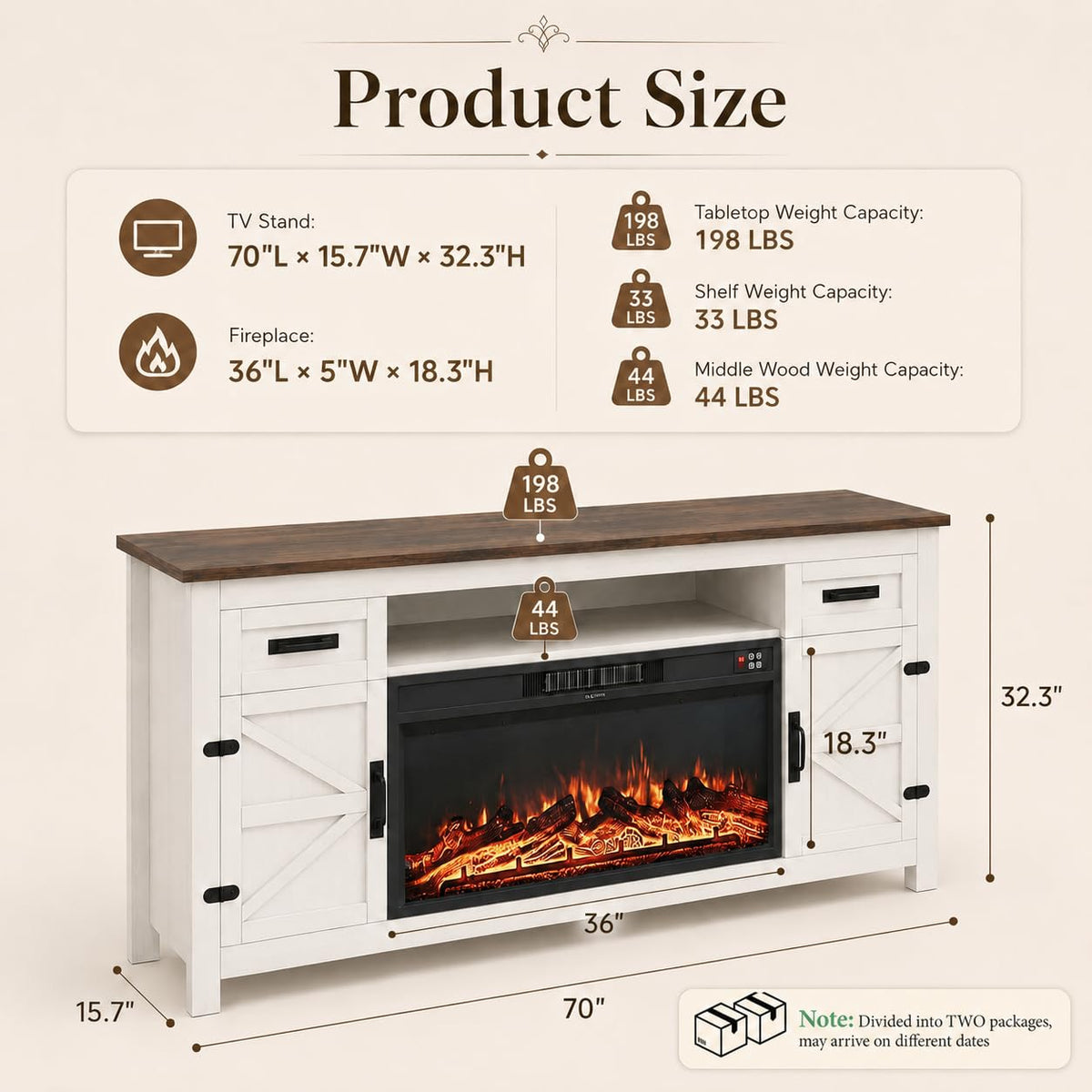 White 70 inch Fireplace TV Stand with Barn Door K868127