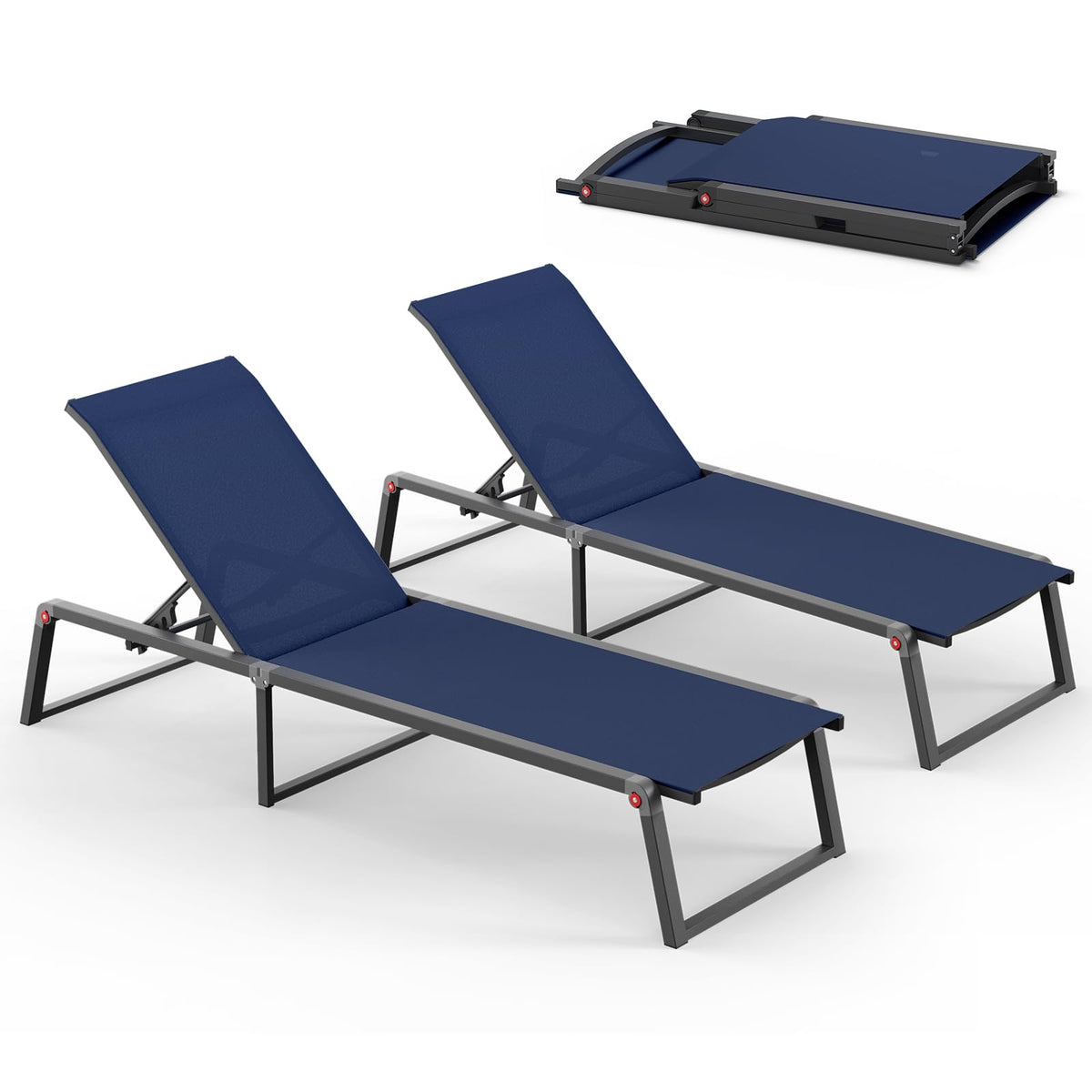Aluminum Foldable 5-Position Chaise Lounge Chair, Navy Blue, 2 Pack C854604