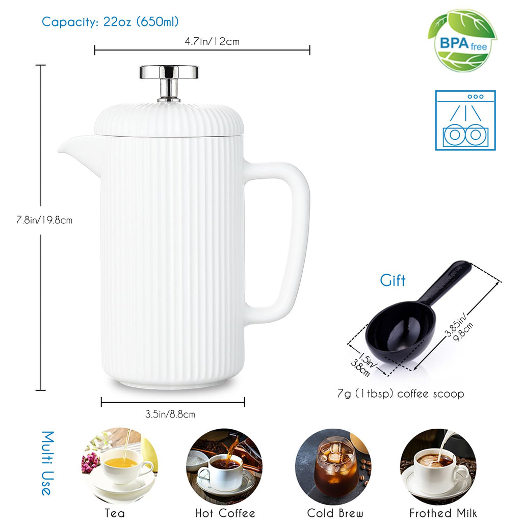 Porcelain French Press 22 fl oz Coffee Tea Maker with Stainless Steel Plunger Ivory F4900