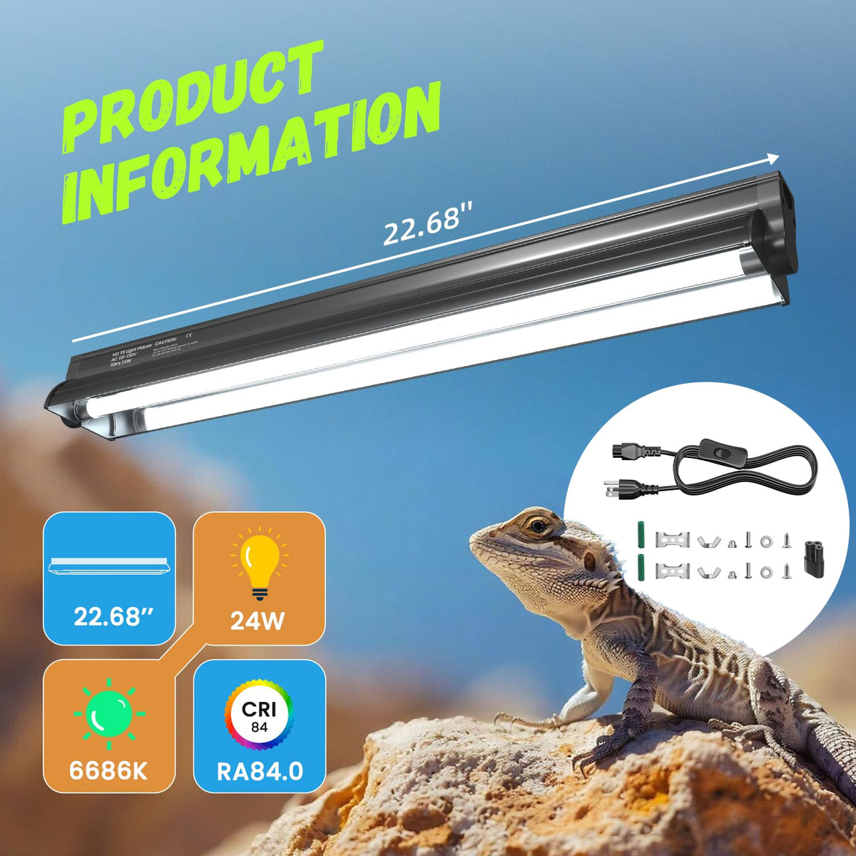 24W 10.0 T5 UVB Reptile Light Fixture Combo Kit 22inch Terrarium Hood K599090