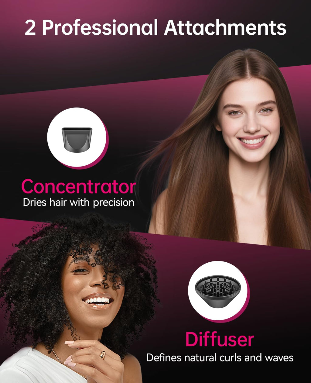1600W Ionic Hairdryer with Diffuser and Concentrator Nozzle T2045