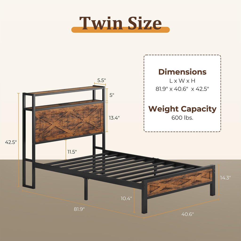 Twin Metal Bed Frame with Storage Headboard Z989