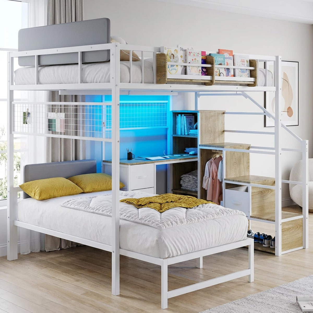 Full Over Twin L-Shaped Metal Loft Bunk Bed with Desk, Stairs, Drawers, Shelves, Charging Station and LED Light C8529