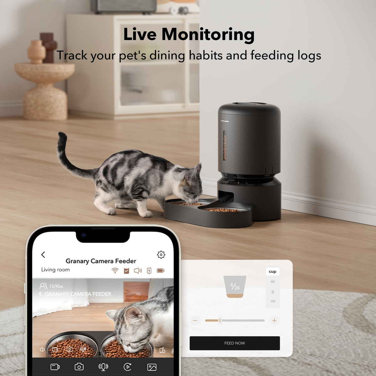 Automatic Cat Feeder with Camera, 1080P HD Video, 5G WiFi, 2-Way Audio, Dual Tray, Black 5L G2702