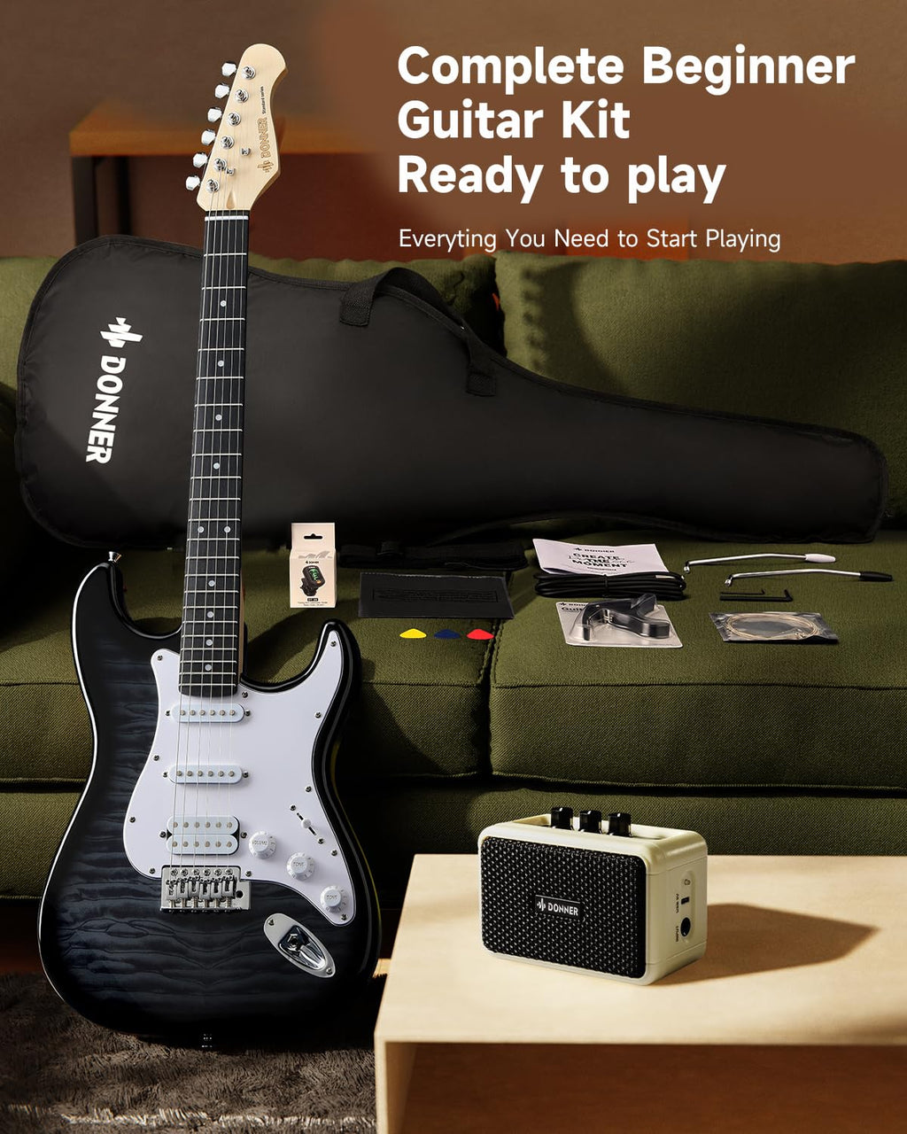 39" Beginner Electric Guitar Kit with Amp, Black Burst K7643