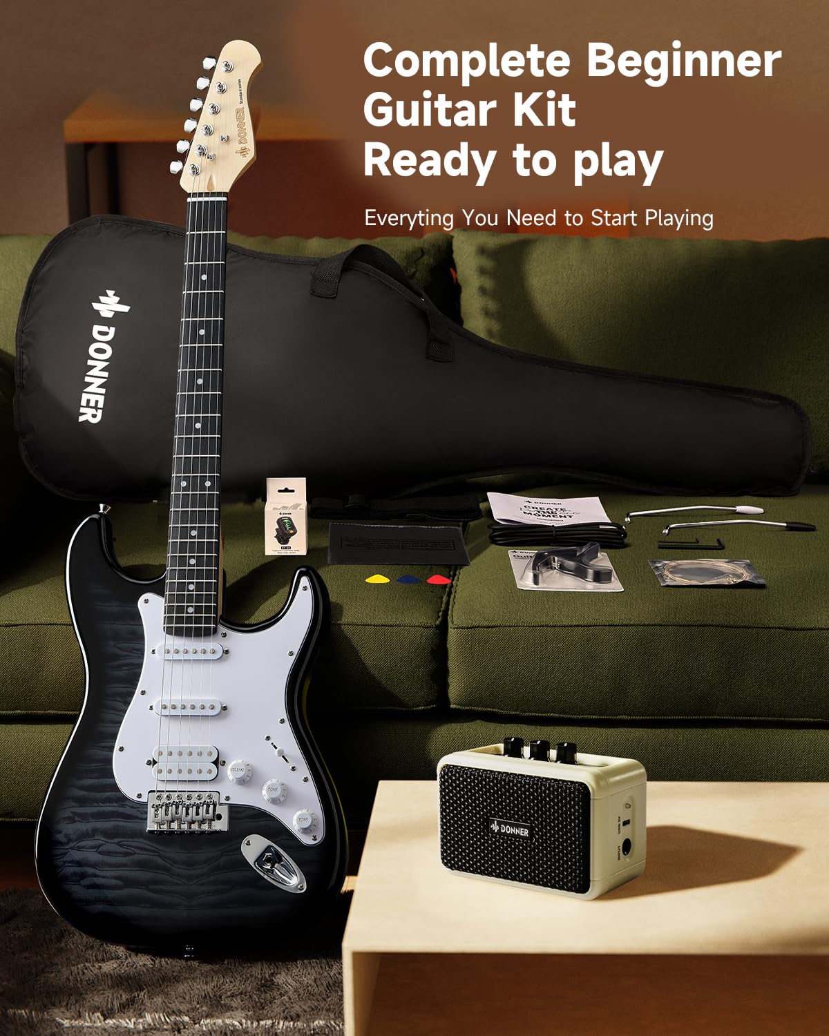 39" Beginner Electric Guitar Kit with Amp, Black Burst K7643