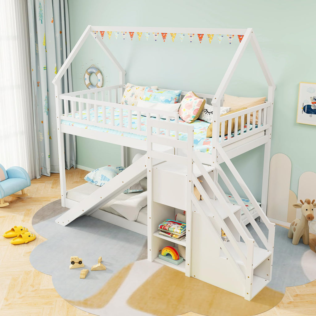 White Twin Over Twin Wood Bunk Bed with Slide and Stairs M89972