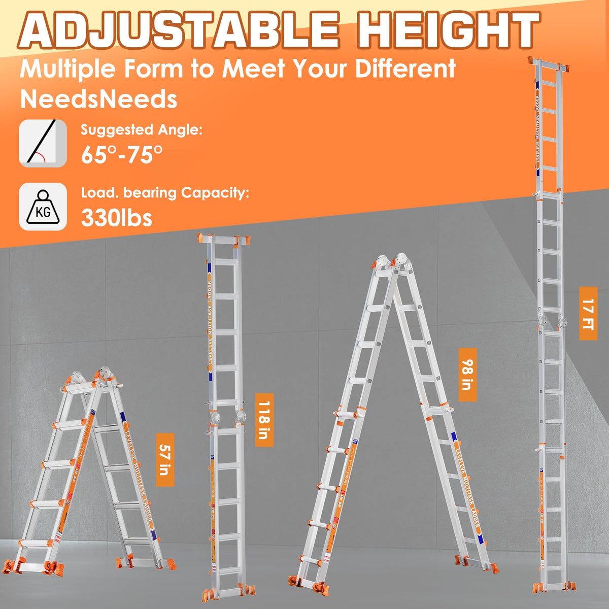Telescoping A Frame Ladder, 17FT Multi Position Ladder with Stabilizer Bar & Wheels D28372