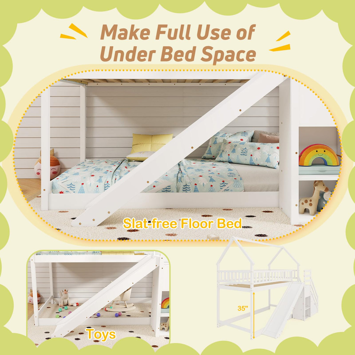 White Twin Over Twin Wood Bunk Bed with Slide and Stairs M89972