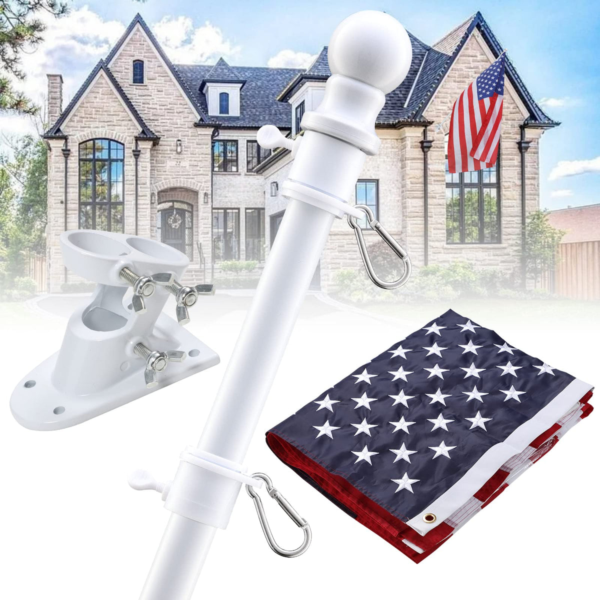 5ft White Tangle Free Flag Pole with 3x5 Embroidered US Flag C590