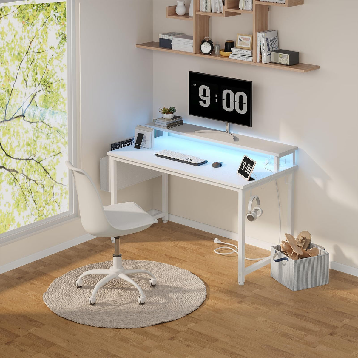 White 40 Inch Computer Desk with LED Lights and Power Outlets R1117