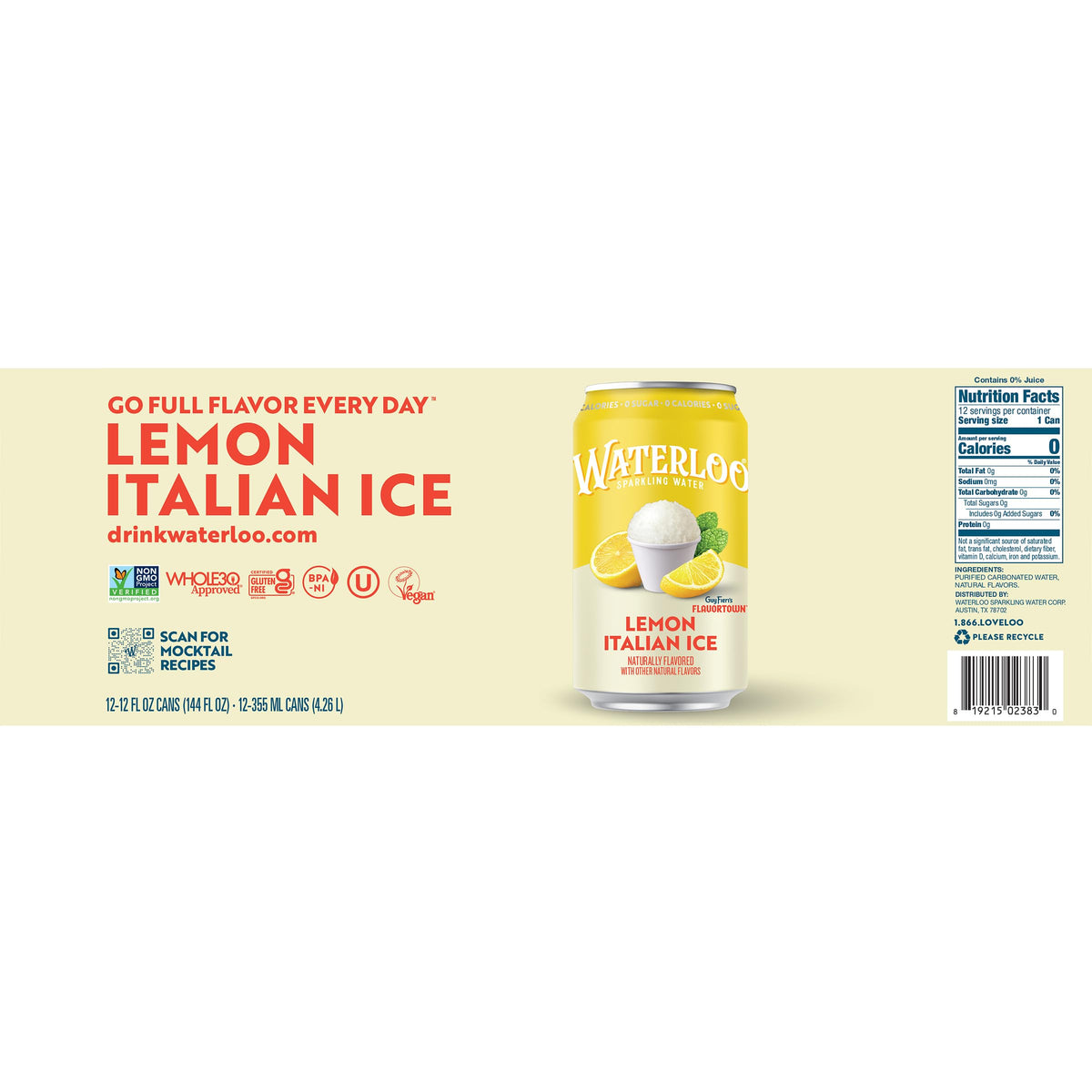 Lemon Italian Ice Sparkling Water 12 Fl Oz Cans Pack of 12 Z5916