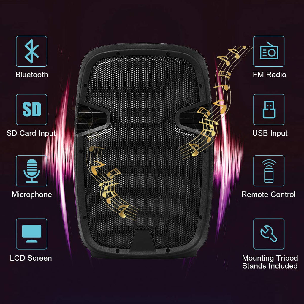 2000W 12" Portable Dual Powered Speakers PA System with Tripod Stands Q805110