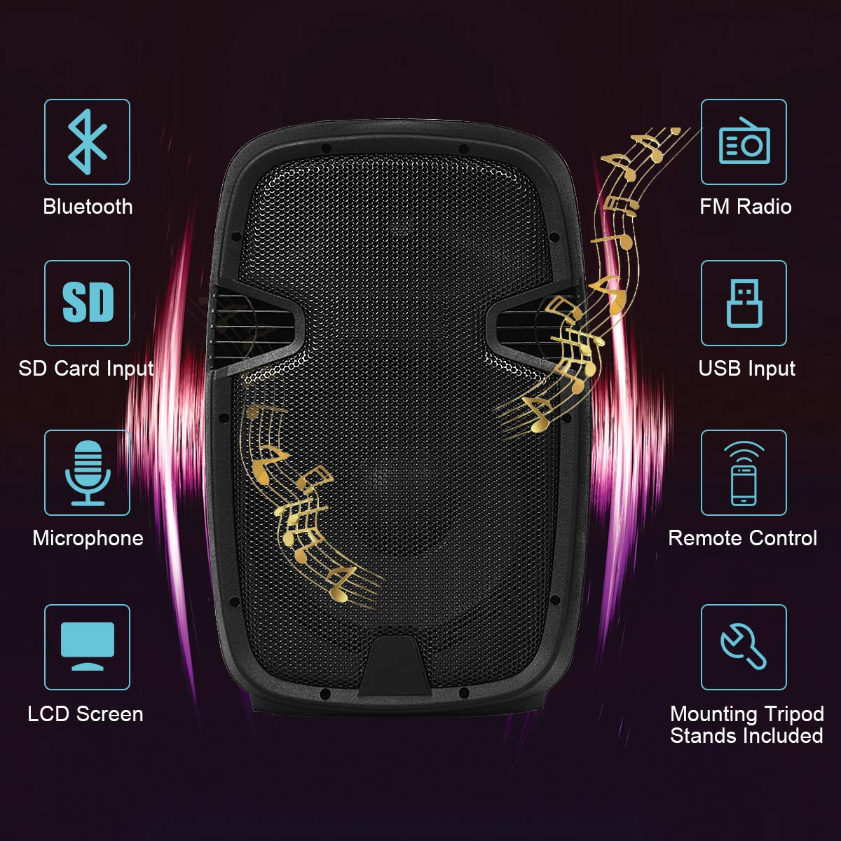 2000W 12" Portable Dual Powered Speakers PA System with Tripod Stands Q805110