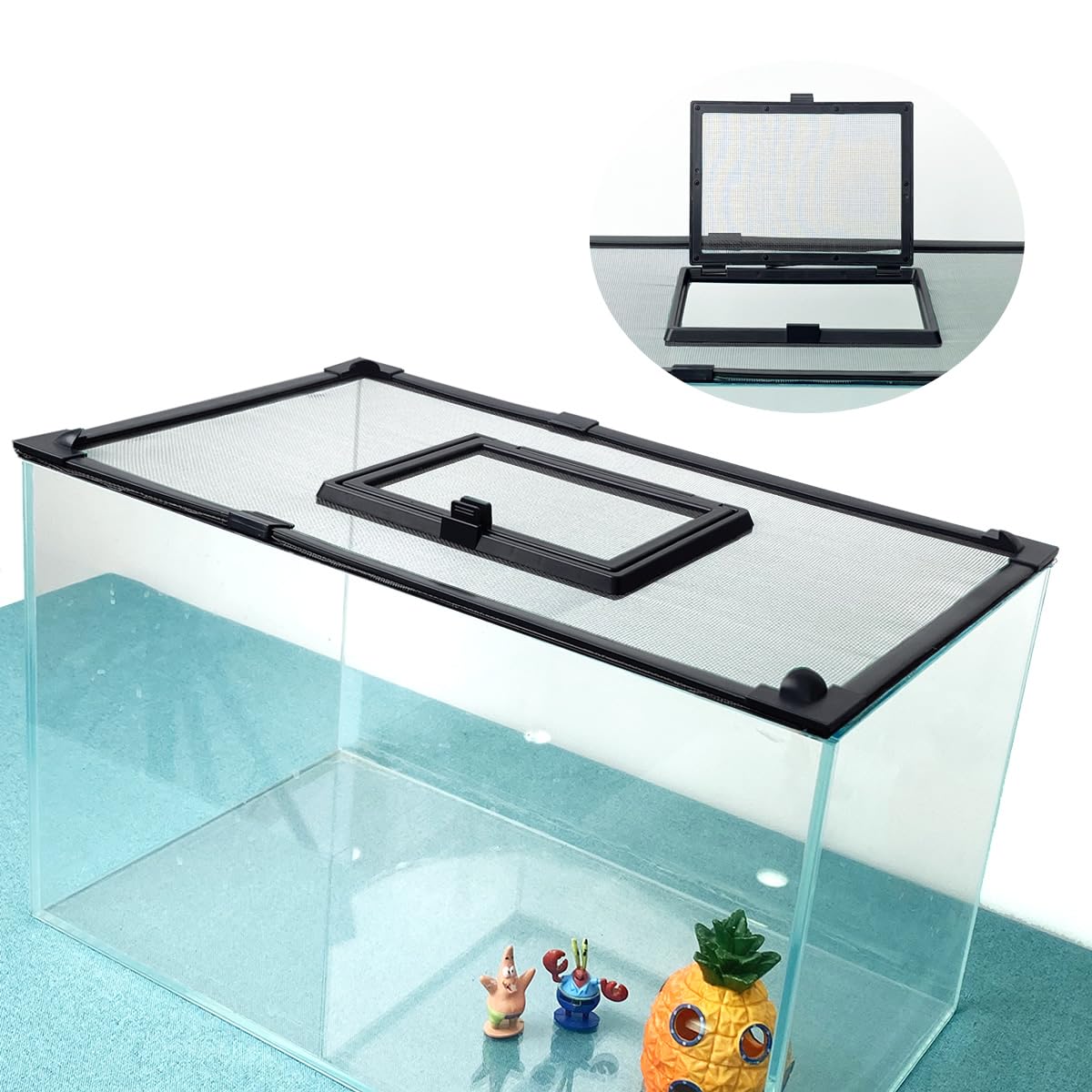 Magnetic Fish Tank Cover with Feeding Window Dark Grey Frame Grey Fiberglass Net L620
