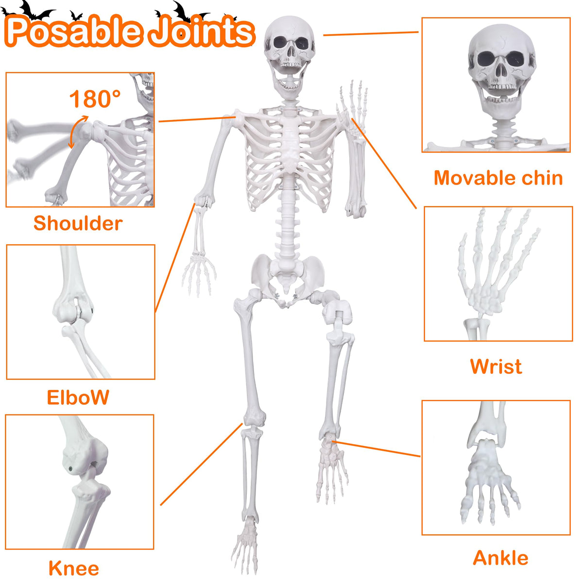 5.4ft/165cm Halloween Skeleton with Crows Movable Joints E872891