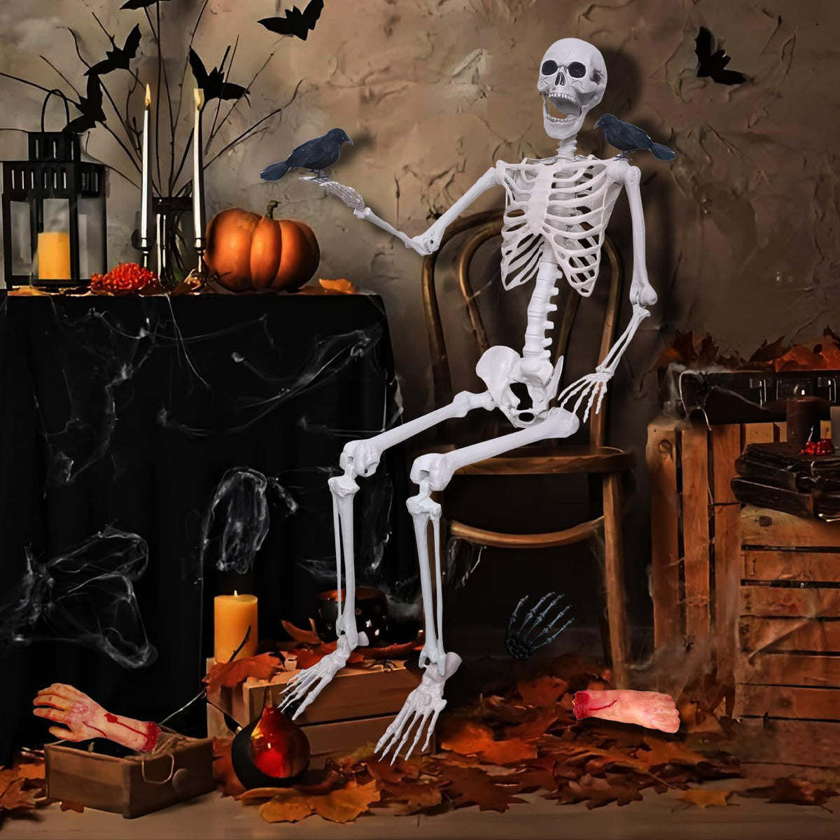 5.4ft/165cm Halloween Skeleton with Crows Movable Joints E872891