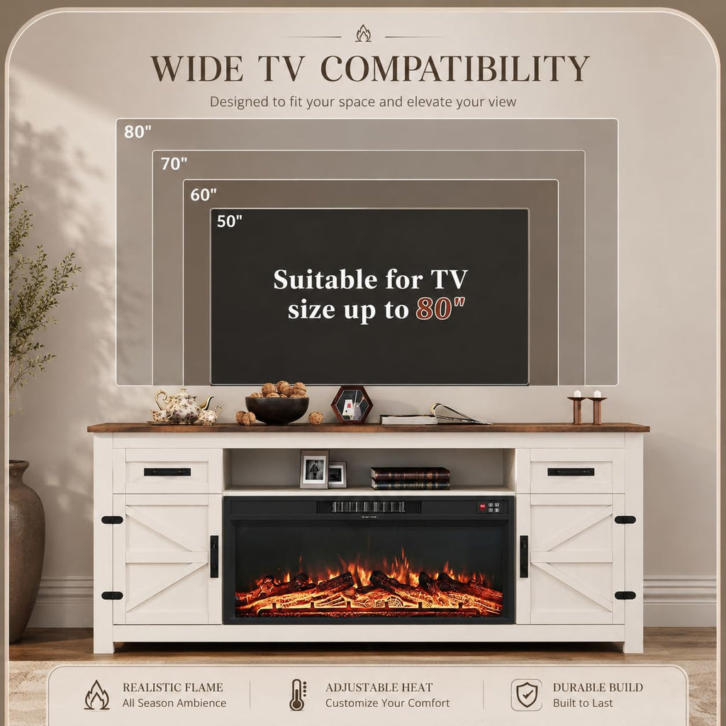 White 70 inch Fireplace TV Stand with Barn Door K868127