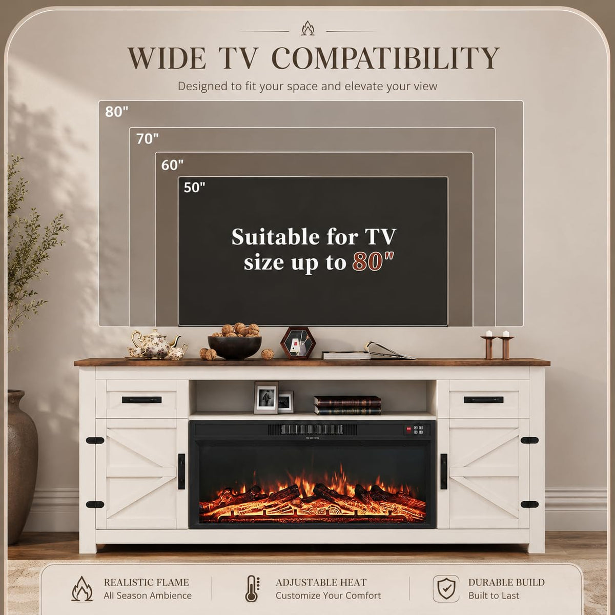 White 70 inch Fireplace TV Stand with Barn Door K868127