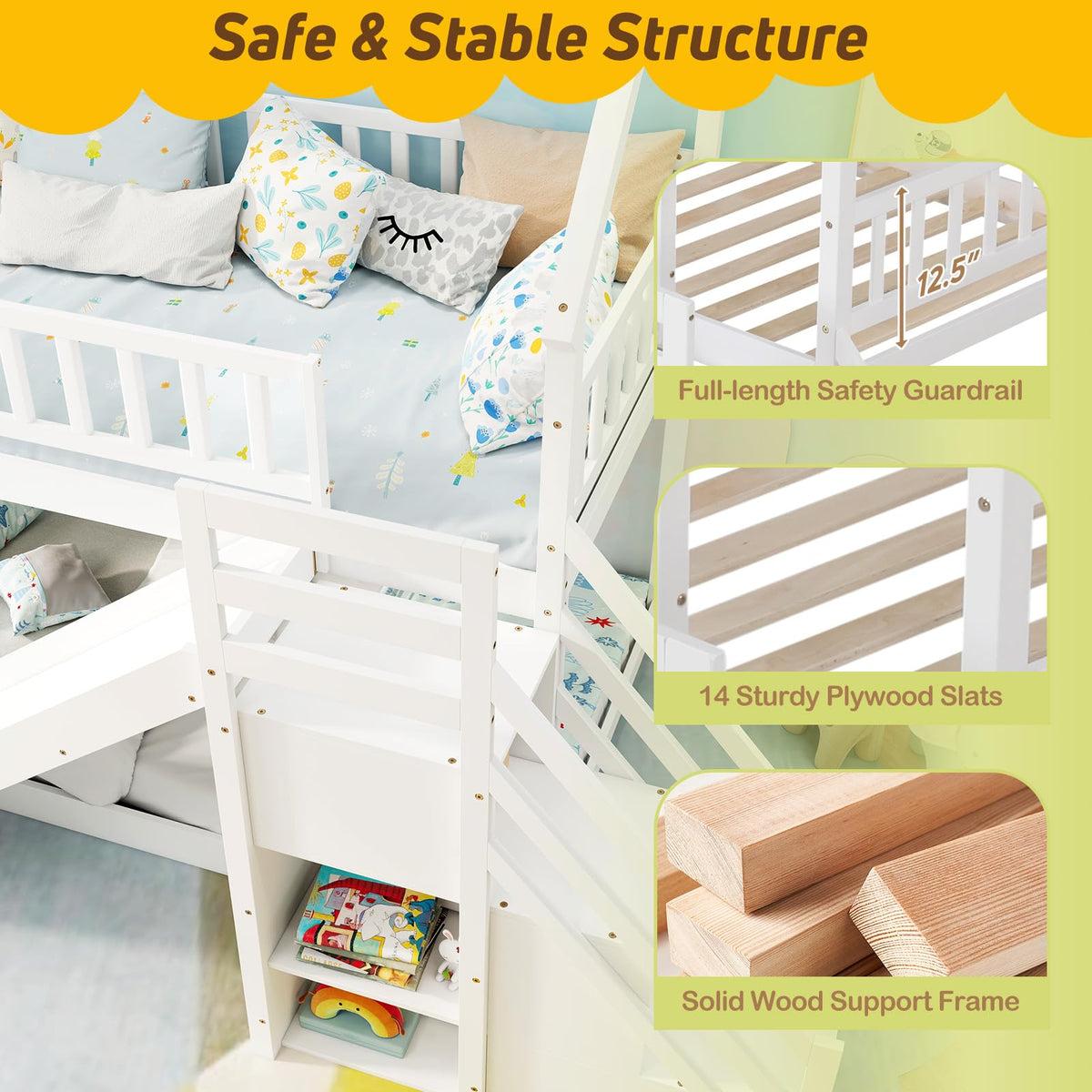 White Twin Over Twin Wood Bunk Bed with Slide and Stairs M89972