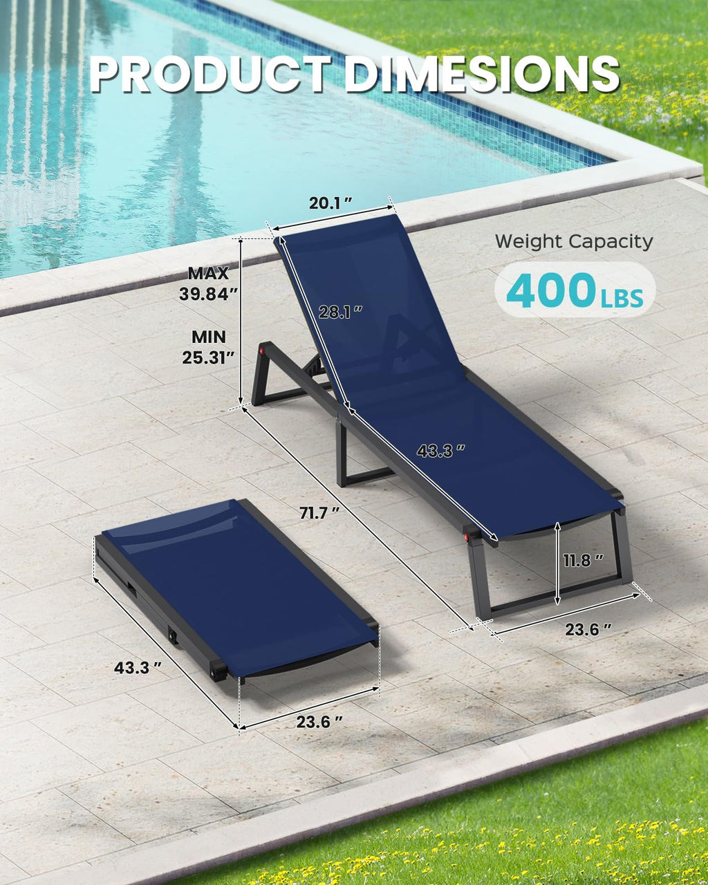 Aluminum Foldable 5-Position Chaise Lounge Chair, Navy Blue, 2 Pack C854604