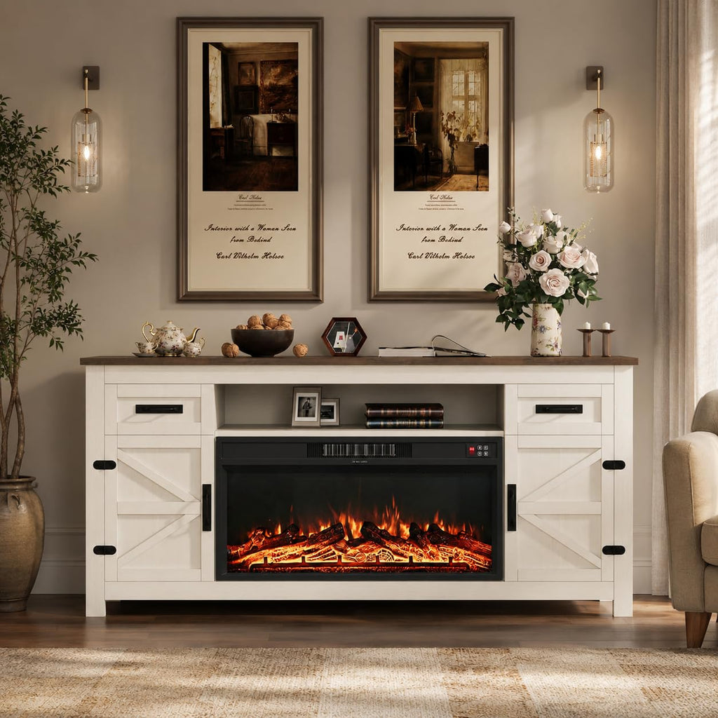 White 70 inch Fireplace TV Stand with Barn Door K868127