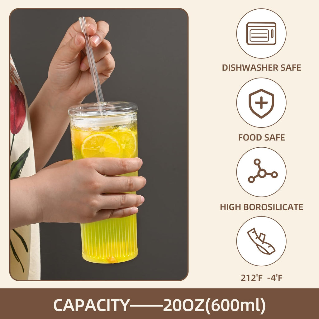 20 oz Glass Cups with Lids and Straws J105499