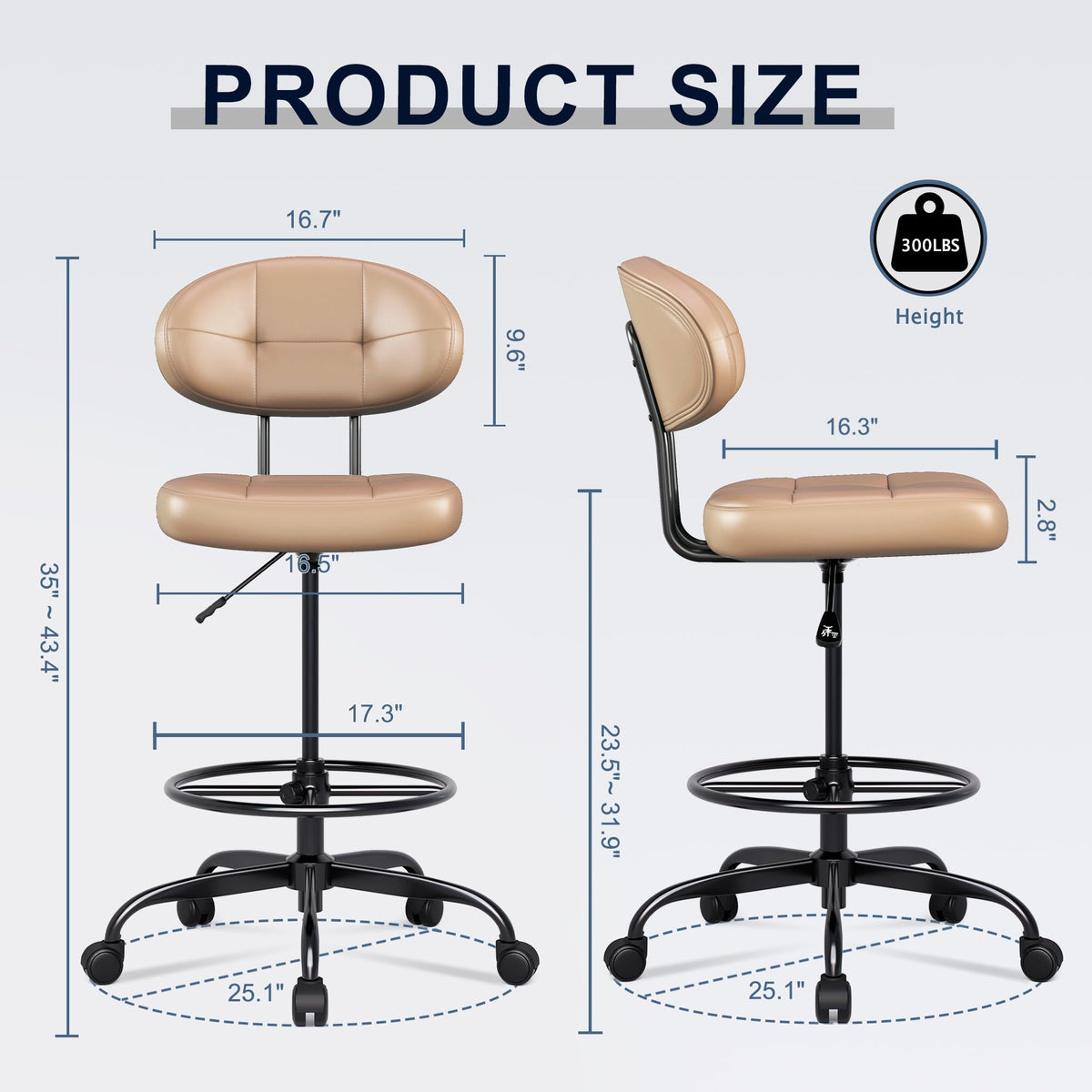 Brown Faux Leather Drafting Chair with Footrest Ring H597