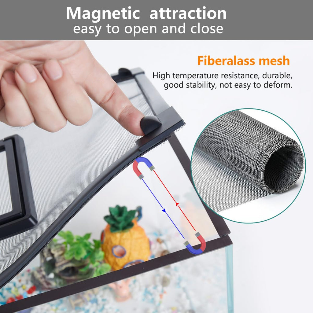 Magnetic Fish Tank Cover with Feeding Window Dark Grey Frame Grey Fiberglass Net L620