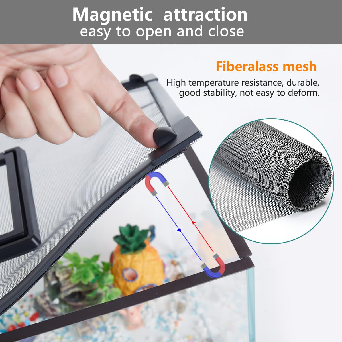 Magnetic Fish Tank Cover with Feeding Window Dark Grey Frame Grey Fiberglass Net L620