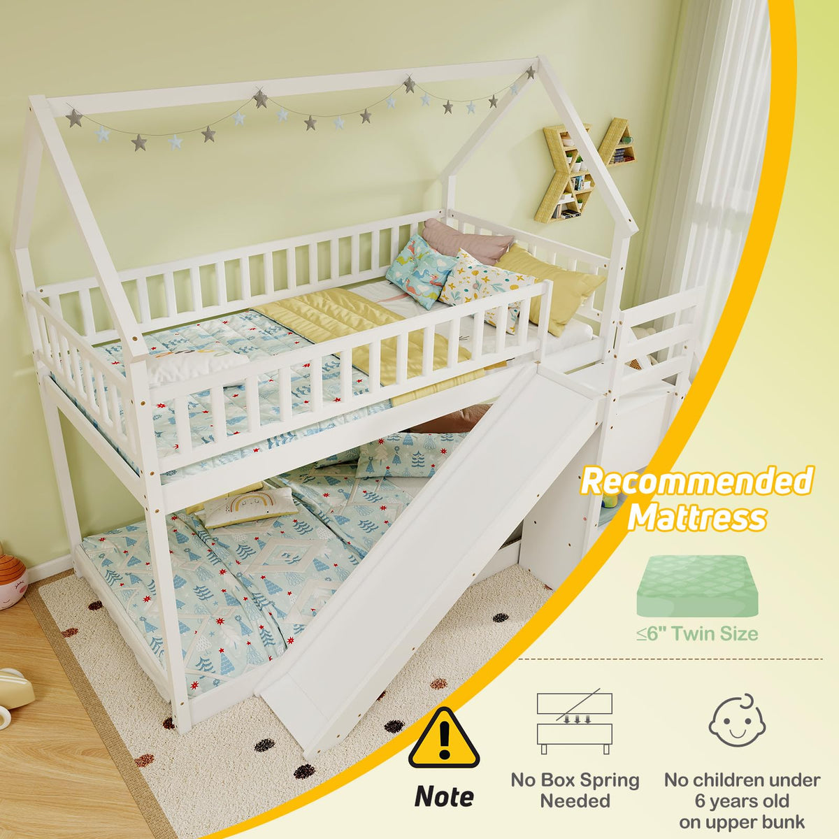 White Twin Over Twin Wood Bunk Bed with Slide and Stairs M89972